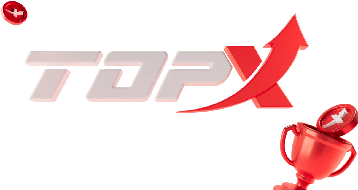 Logotipo da TopX em letras claras com seta vermelha e uma taça vermelha no canto inferior